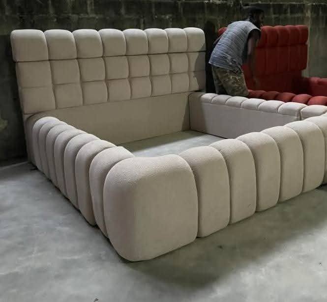 Grey channel-tufted bed frame