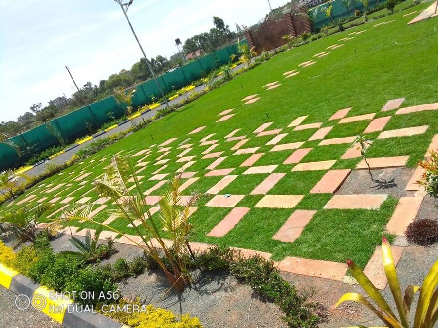 Aerial view of a checkerboard-pattern landscaped lawn