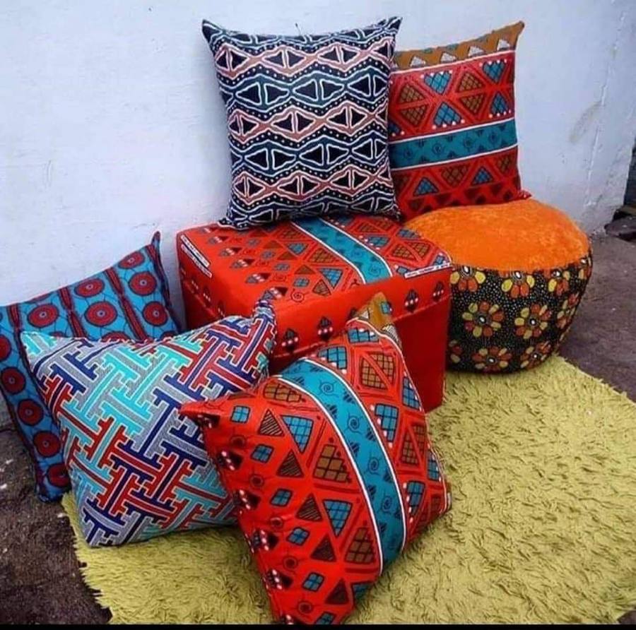 Ankara-print scatter cushions and pouffe