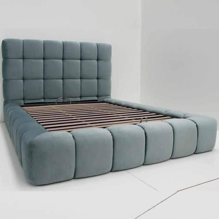 Grey channel-tufted bed frame
