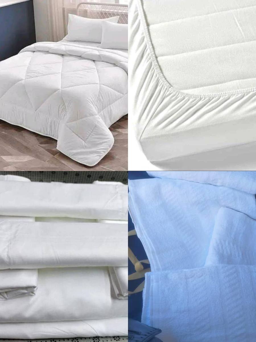 White bedding, duvet and fitted sheets