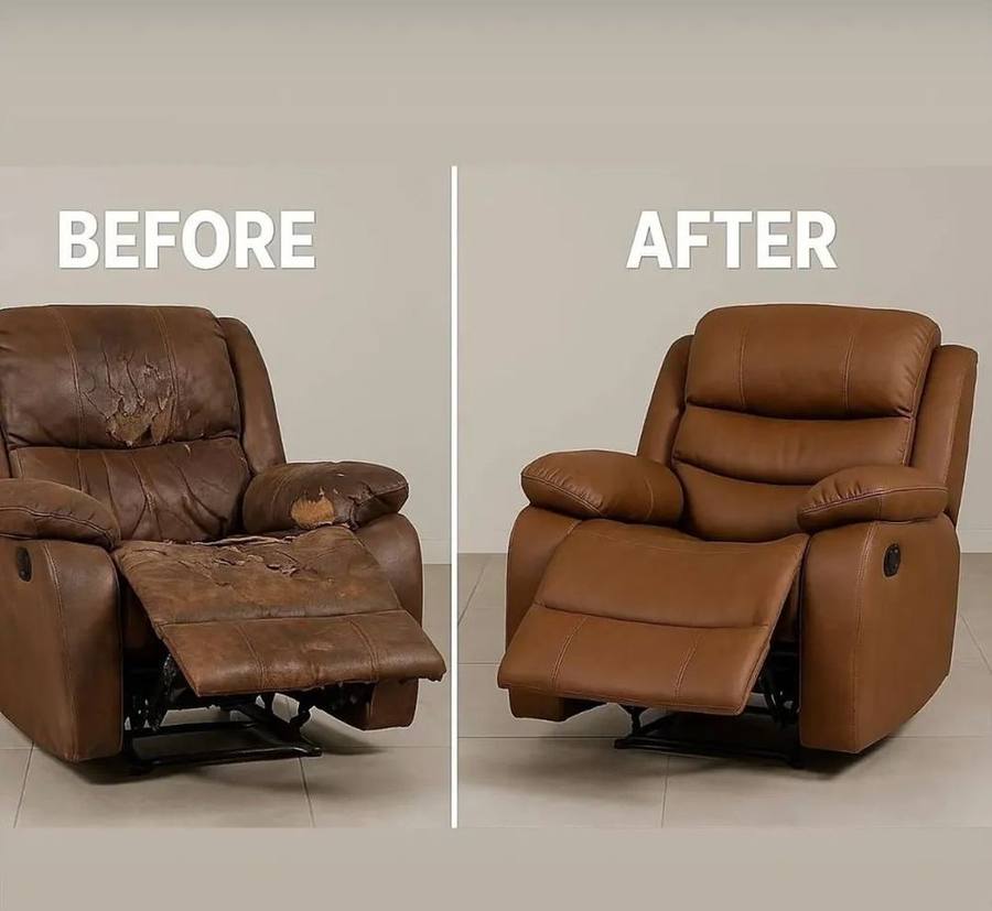 Recliner armchair before and after reupholstery in tan leather