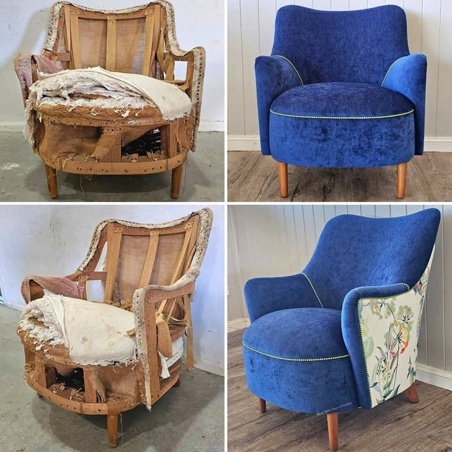 Armchair before and after reupholstery, from stripped frame to finished blue velvet chair