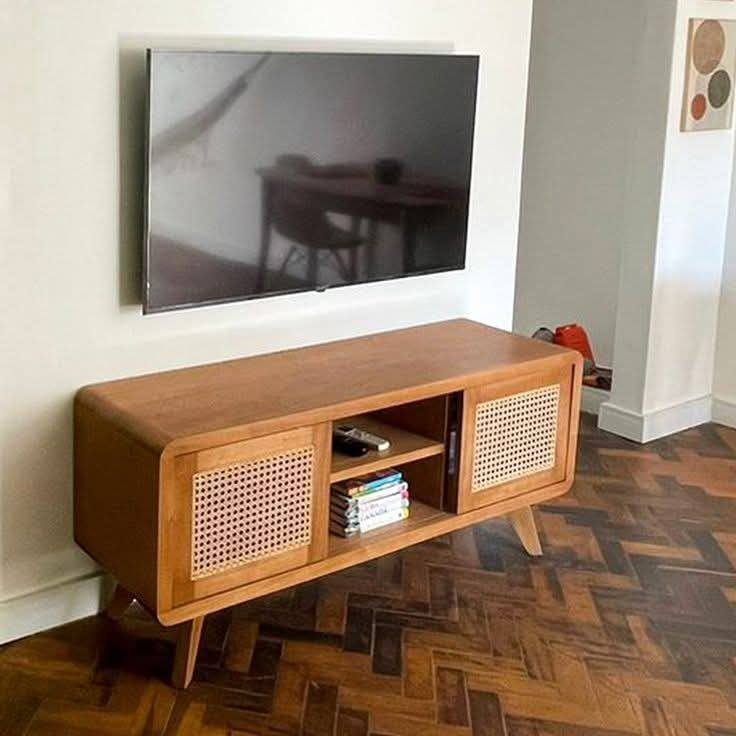 Custom wood and rattan TV stand